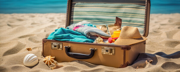 Beach accessories in old suitcase like glasses hat. on tropical sand.