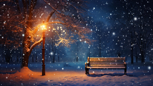 Night winter cold park with a bench and a lantern