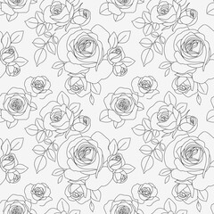 Seamless pattern with line art roses, buds and leaves. Beautiful blossoming hand drawn flower on white background. Abstract wallpaper. Vector stock illustration	