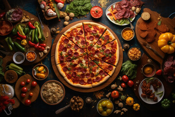 A flat lay photorealistic image of a sliced pepperoni pizza on a table with all the ingredients spread out, captured from a top-down view