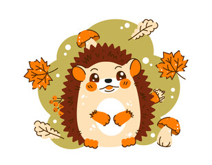 Vector bright flat illustration of a cute little hedgehog in the autumn forest. Children's illustration