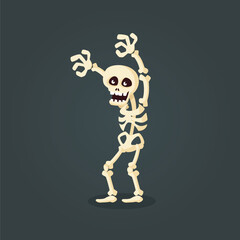 A cute human skeleton Standing in Pose of a Scaring. Black background. Halloween cartoon vector illustration
