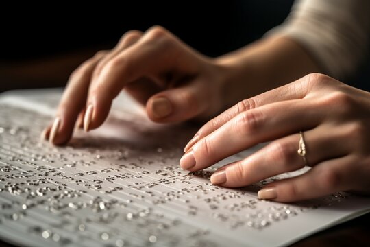 Visually impaired readers hands explore Braille book, feeling the embossed alphabet Generative AI