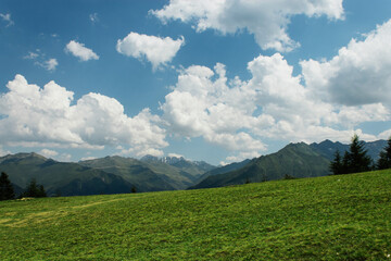 Fototapeta premium green grass on the background of mountains and clear sky with clouds