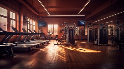 Modern gym interior with fitness equipment. Horizontal composition. Toned.