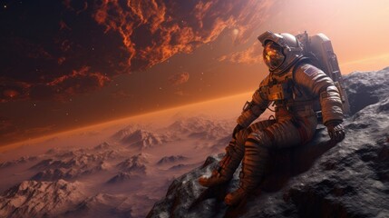 Astronaut exploring outer space on solar system,sci fi background. Generative Ai