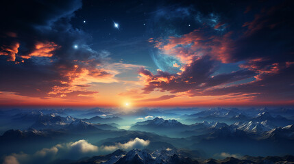beautiful landscape with mountains and sea and sky with planets, Generative Ai