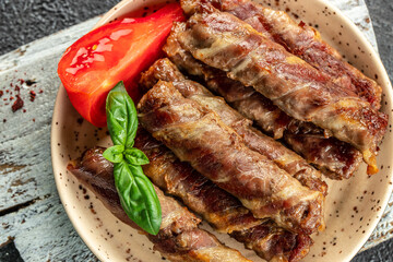 Stuffed Bacon Rolls. minced meat in bacon rolls. Food recipe background. Close up