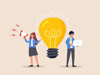 Naklejka na ściany i meble Concept of generation of innovative ideas, creative thought, creativity and imagination. Business idea concept. Characters standing near big light bulb. Isolated modern vector illustration.