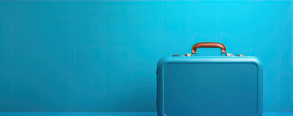 Blue suitcase on blue light background.