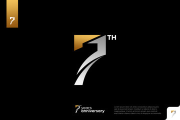 Gold and silver number 7 logo icon design on black background, 7th birthday logo number, 7 anniversary - obrazy, fototapety, plakaty