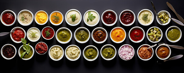 chutney set or collection in bowls on black background, top view, - obrazy, fototapety, plakaty