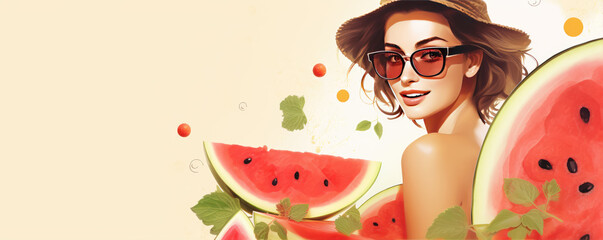 Beautiful woman posing with watermelon. copy space for your text. Stylish girl fashion holding cut water melon.