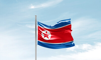 Korea national flag waving in beautiful sky. The symbol of the state on wavy silk fabric.