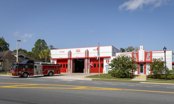 Ocala, FL; 08/21/2023; Panoramic Photo of the Ocala Fire Department building with a fire truck exiting from it