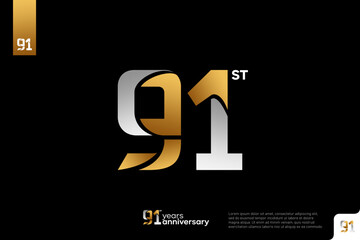 Gold and silver number 91 logo icon design on black background, 91st birthday logo number, anniversary 91