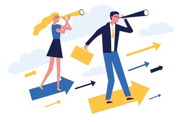 Teamwork vision path goal success. Study horizons company work finding ways develop. People stand profit, growth arrows look binoculars, big telescope. Business concept. Team metaphor.