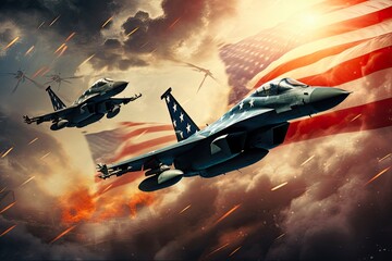 American Air Force Strikes. Fighter Jets in Washington DC Sky Flying with American Flag Contrails. Memorial Day Military Concept: Generative AI - obrazy, fototapety, plakaty