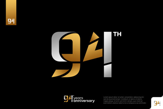 Gold and silver number 94 logo icon design on black background, 94th birthday logo number, anniversary 94