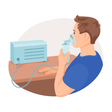 Patient using oxygen mask vector illustration. Man with nebulizer treating lungs, sore throat or respiratory system disease. Oxygen therapy, health care, medicine concept