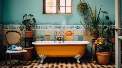 Generative AI, retro boho hotel bathroom, Puerto Rico style. Bright colors and plants