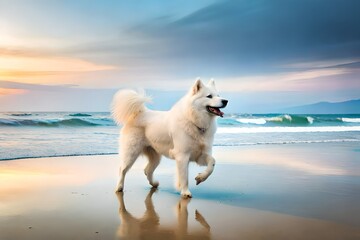 Samoyed dog running on sea beach.