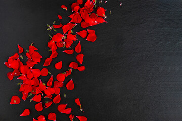 Geranium petals are scattered on a black stone background