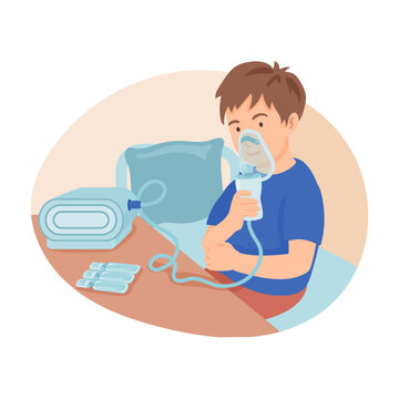 Little boy using nebulizer in hospital vector illustration. Child with oxygen mask treating lungs or respiratory system disease. Oxygen therapy, pediatric treatment, medicine concept