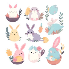Cute Easter bunnies and eggs. Vector illustration set.