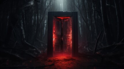A vibrant red glowing door nestled in of a lush forest