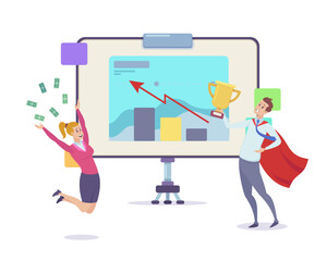 Happy workers with money and trophy vector illustration. Cartoon drawing of office board with chart, financial growth, business strategy. Success, achievement, development, business concept