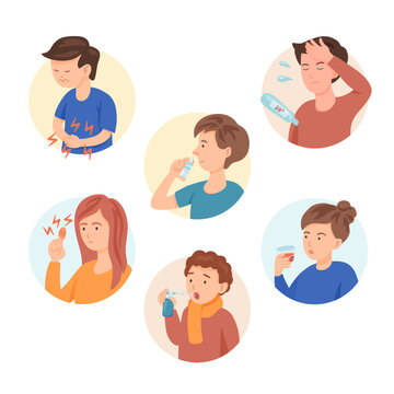 People treating different diseases vector illustrations set. Adults and children using thermometer, nasal drops, syrup, plaster, suffering from pain, injury or cold. Health care, medicine concept