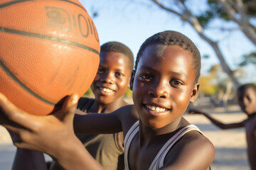 African black boys play basketball outdoor in Africa, close-up view