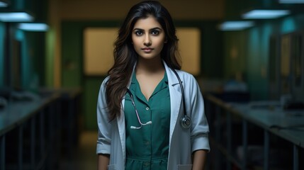Portrait of a young female doctor. Hospital corridor.