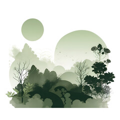 Silhouette of trees and mountains in the landscape. Vector illustration.
