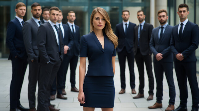 Powerful manager businesswoman in formal office outfit in front of a row of male business persons in suits , woman at work or feminism concept image