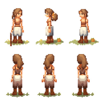 Pixel art female warrior set. 8 bit game character. Vector illustration