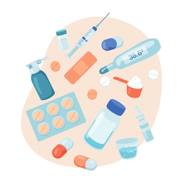 Medication and medical equipment vector illustration. Thermometer, pills, bandages, syrup cups, syringe, nasal drops for treating and preventing diseases. Pharmacy, health care, medicine concept