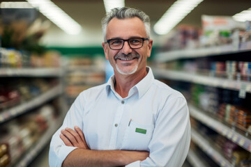 Portrait of a mature supermarket manager man with a kind smile inside his shop , grocery store shelves in background