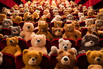 Many teddy bears in red cinema seats , theater audience or movie public concept image