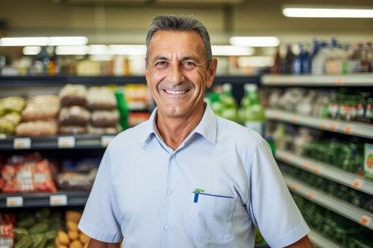 Portrait of a mature supermarket manager man with a kind smile inside his shop , grocery store shelves in background