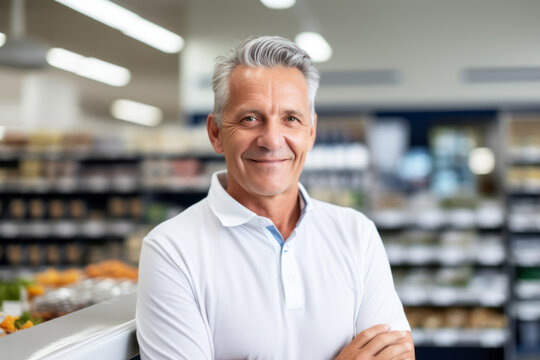 Portrait of a mature supermarket manager man with a kind smile inside his shop , grocery store shelves in background