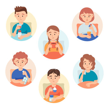 Pediatric patients taking medicine vector illustrations set. Children eating, drinking syrup, taking pills and using nasal drops in hospital. Pediatric treatment, health care, medicine concept