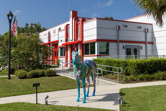 Ocala, FL; 08/21/2023; Photo of the Ocala Fire Department building with a horse statue in the front