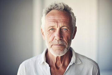 Obraz premium Portrait of adult man with kind blue eyes in age of 60s with wrinkles on face. Diverse age concept