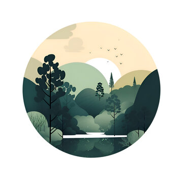 Vector illustration of a beautiful landscape with trees and lake in a circle