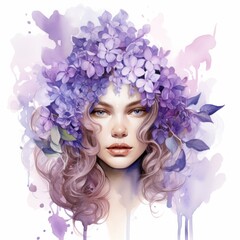 Violet purple watercolour portrait of woman with lilac flower on head on white background. Floral blossom concept