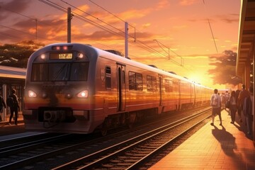 Fototapeta premium Train depart stop sunset station. Generate Ai