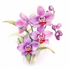 Pink violet purple watercolour orchid phalaenopsis flower illustration on white background. Floral blossom concept
