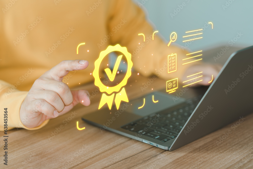 Aufkleber User using a laptop with virtual screen assessment sign of the top service quality assurance certificate for industrial and business. Guarantee, Standard, ISO certification concept.